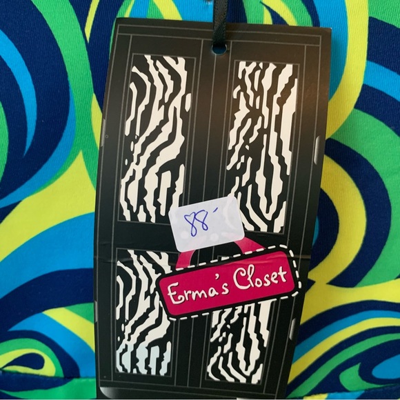 Erma’s Closet (NWT) (S) Dress, V-Neck, Royal Blue, Green & Yellow Fun Pattern - Picture 3 of 6